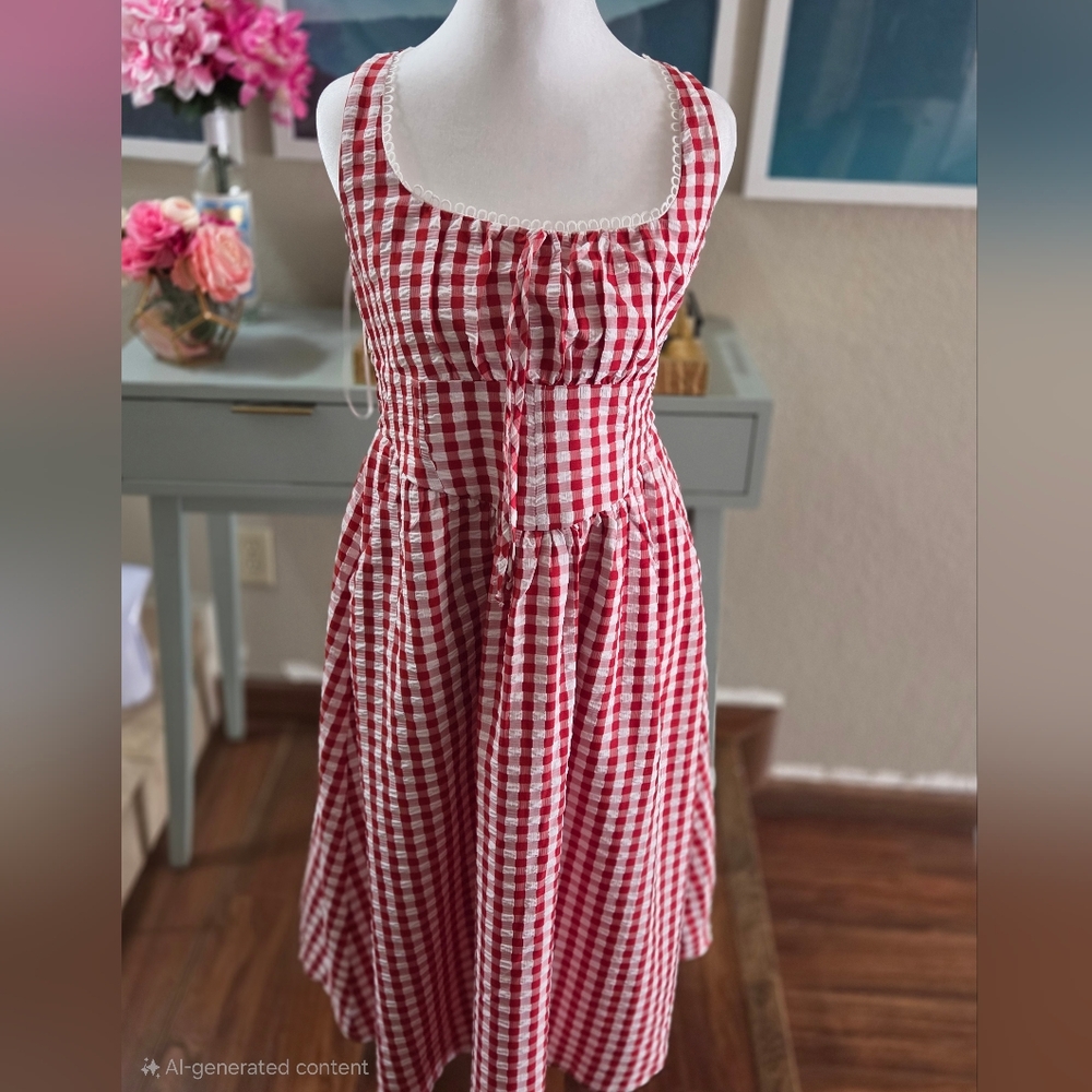 Red Gingham Milkmaid Dress Womens Size Large Jessica Simpson With Tags